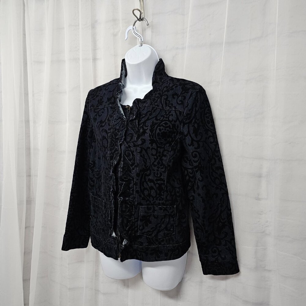 Tantrums Blue Black Velour Flocked Denim Jacket Zip Ruffle Boho M - Picture 8 of 14